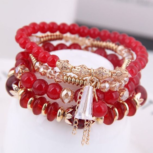 Jewelry - Crystal Red Bead Multi-layer Set of 4 Bracelet